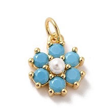 Honeyhandy Rack Plating Brass Micro Pave Cubic Zirconia Charms, with Pearl, Cadmium Free & Lead Free, Real 18K Gold Plated, Flower, Deep Sky Blue, 12.5x10.5x4mm, Hole: 3.6mm