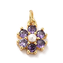 Honeyhandy Rack Plating Brass Micro Pave Cubic Zirconia Charms, with Pearl, Cadmium Free & Lead Free, Real 18K Gold Plated, Flower, Medium Purple, 12.5x10.5x4mm, Hole: 3.6mm