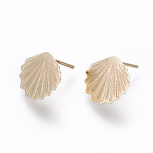 Honeyhandy Brass Stud Earring Findings, with Loop, Nickel Free, Long-Lasting Plated, Scallop Shell Shape, Real 18K Gold Plated, 13x15mm, Hole: 2mm, Pin: 0.7mm