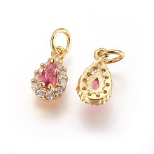 Honeyhandy Brass Cubic Zirconia Charms, teardrop, Golden, Pale Violet Red, 11~11.5x6.5x4mm, Hole: 3mm