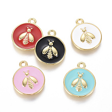 Honeyhandy Golden Plated Brass Enamel Pendants, Flat Round with Bee, Mixed Color, 16x13x2mm, Hole: 1.6mm