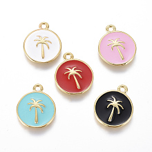 Honeyhandy Golden Plated Brass Enamel Pendants, Flat Round with Coconut Tree, Mixed Color, 16x13x2mm, Hole: 1.5mm