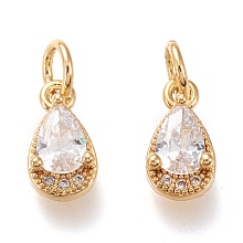 Honeyhandy Brass Micro Pave Clear Cubic Zirconia Charms, with Jump Rings, Long-Lasting Plated, Real 18K Gold Plated, Teardrop, Clear, 10.5x5.5x3.5mm, Hole: 3.4mm