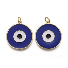 Honeyhandy Brass Enamel Pendants, with Jump Rings, Long-Lasting Plated, Flat Round with Midnight Blue Evil Eye, Real 18K Gold Plated, 22.5x20x2~2.5mm, Hole: 3mm