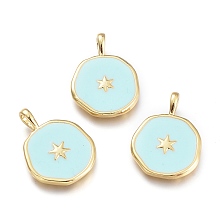 Honeyhandy Brass Enamel Pendants, Flat Round with Star Pattern, Golden, Aquamarine, 18.5x13x2mm, Hole: 3.5x2mm