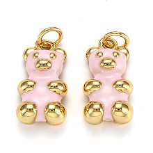 Honeyhandy Real 18K Gold Plated Brass Pendants, with Enamel and Jump Rings, Long-Lasting Plated, Bear, Pink, 17.5x9x5mm, Jump Ring: 5x1mm, 3mm Inner Diameter