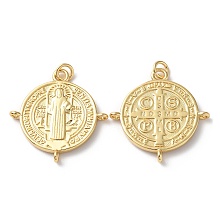 Honeyhandy Rack Plating Brass Pendants, with Jump Ring, Cadmium Free & Lead Free, Flat Round with Cssml Ndsmd Cross God Father Religious Christianity, Real 18K Gold Plated, 25x24x3mm, Hole: 1.2mm