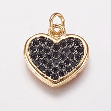 Honeyhandy Brass Cubic Zirconia Charms, Heart, Golden, 13.5x13x1.5mm, Hole: 3.5mm