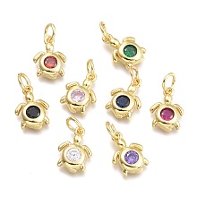 Honeyhandy Brass Micro Pave Cubic Zirconia Pendants, with Jump Ring, Sea Turtle, Real 18K Gold Plated, Mixed Color, 12x8.7x2.5mm, Jump Rings: 5x0.8mm, Inner Diameter: 3mm