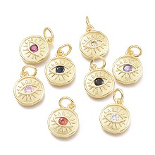 Honeyhandy Brass Micro Pave Cubic Zirconia Pendants, with Jump Ring, Flat Round with Eye, Real 18K Gold Plated, Mixed Color, 12x10x2mm, Jump Rings: 5x0.8mm, Inner Diameter: 3mm