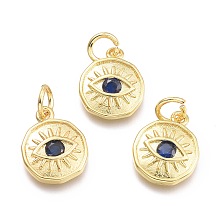 Honeyhandy Brass Micro Pave Cubic Zirconia Pendants, with Jump Ring, Flat Round with Eye, Real 18K Gold Plated, Dark Blue, 12x10x2mm, Jump Rings: 5x0.8mm, Inner Diameter: 3mm