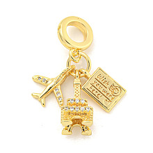 Honeyhandy Rack Plating Brass Micro Pave Cubic Zirconia European Dangle Charms, Large Hole Pendants, Cadmium Free & Lead Free, Long-Lasting Plated, Real 18K Gold Plated, Airplane, 29mm, Hole: 5mm