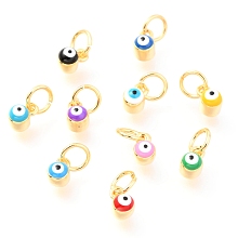 Honeyhandy Brass Enamel Pendants, Long-Lasting Plated, Real 18K Gold Plated, with Jump Rings, Column with Evil Eye, Mixed Color, 5x3.5x4.5mm,Jump Ring: 5x0.6mm, 3mm inner diameter.