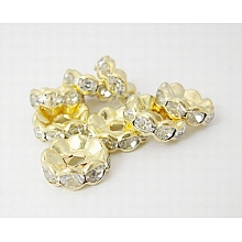 Honeyhandy Brass Rhinestone Spacer Beads, Grade A, Waves Edge, Rondelle, Golden Color, Clear, Size: about 10mm in diameter, 4mm thick, hole: 2mm