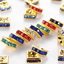 Honeyhandy Brass Rhinestone Spacer Beads, Grade A, Golden Metal Color, Square, Mixed Color, 6x6x3mm, Hole: 1mm