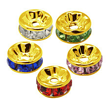 Honeyhandy Brass Rhinestone Spacer Beads, Grade A, Straight Flange, Golden Metal Color, Rondelle, Mixed Color, 8x3.8mm, Hole: 1.5mm