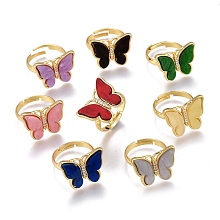 Honeyhandy Adjustable Brass Micro Pave Clear Cubic Zirconia Finger Rings, with Resin, Butterfly with Rose, Golden, Mixed Color, Size 7, Inner Diameter: 17mm