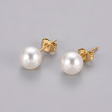 Honeyhandy 304 Stainless Steel Stud Earrings, with Shell Pearl and Ear Nuts, Round, Golden, 8mm, Pin: 0.6mm, 6pairs/card