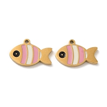 Honeyhandy Ion Plating(IP) 316L Surgical Stainless Steel Charms, with Enamel, Real 18K Gold Plated, Fish Charm, Pink, 8x12.5x1.5mm, Hole: 1mm