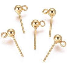 UNICRAFTALE 50 Pairs Stainless Steel Stud Earring Findings with Loop Round Ear Stud Components 0.8mm Pin Golden Earring Posts for Women Earring Jewelry Making 15x4mm, Hole 1.5mm