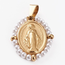 Honeyhandy 316 Surgical Stainless Steel Pendants, with Acrylic Imitation Pearl Beads, Oval with Virgin Mary, Golden, 30x24x4mm, Hole: 8x4.5mm