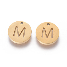 Honeyhandy Ion Plating(IP) 304 Stainless Steel Charms, Flat Round with Letter, Golden, Letter.M, 10x1.5mm, Hole: 1mm