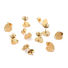 Honeyhandy Ion Plating(IP) 304 Stainless Steel Stud Earring Findings, with Ear Nuts, Textured Heart, Real 18K Gold Plated, 12x9mm, Hole: 1.4mm, Pin: 0.7mm