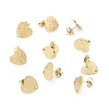 Honeyhandy Ion Plating(IP) 304 Stainless Steel Stud Earring Findings, with Ear Nuts, Textured Heart, Real 18K Gold Plated, 12x13mm, Hole: 1.5mm, Pin: 0.7mm