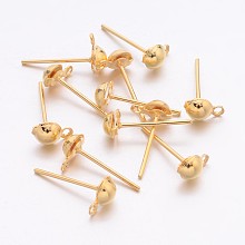 ARRICRAFT Earring Stud Ear Nail Iron Half Ball Post Earring Findings, with Loop, Golden, 13mm long, hole: 1mm, half ball: 4.3mm in diameter