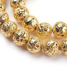 Honeyhandy Electroplated Natural Lava Rock Bead Strands, Round, Bumpy, Golden Plated, 10~10.5mm, Hole: 1.5mm, about 39pcs/strand, 15.35 inch(39cm)