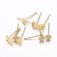 Honeyhandy Stud Earring Findings, Lead Free and Cadmium Free, Brass Heads and Stainless Steel Pins, Golden Color, Size: about 12mm long, 0.6mm thick, Head: about 4mm in diameter