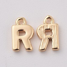 Honeyhandy Brass Charms, Letter, Nickel Free, Real 18K Gold Plated, Letter.R, 8x5x1.5mm, Hole: 0.8mm