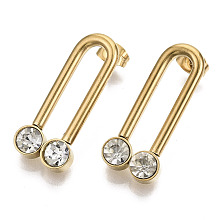 Honeyhandy 201 Stainless Steel Stud Earrings, Archway Earrings, with 304 Stainless Steel Pins, Rhinestone and Ear Nuts, U Shape, Real 18K Gold Plated, Crystal, 28x12x5mm, Pin: 0.7mm