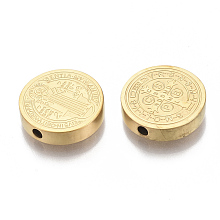 Honeyhandy Vacuum Plating 304 Stainless Steel Beads, Flat Round with Saint Benedict Medal, Golden, 14.5x3mm, Hole: 2mm