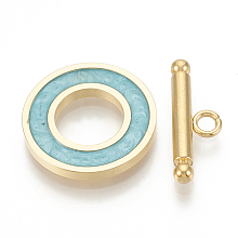 Honeyhandy 201 Stainless Steel Toggle Clasps, with Enamel, Ring, Golden, Turquoise, Ring: 19.5x2mm, Inner Diameter: 10mm, Bar: 21x7x3mm, Hole: 2mm