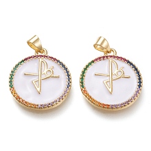 Honeyhandy Brass Micro Pave Cubic Zirconia Pendants, with Enamel, Real 18K Gold Plated, Flat  Round with Faith Cross, White, 23x20x2mm, Hole: 3x5.5mm