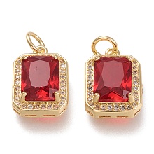 Honeyhandy Brass Glass Charms, with Micro Pave Clear Cubic Zirconia and Jump Ring, Rectangle, Real 18K Gold Plated, Red, 14.5x10.5x5mm, Hole: 3.4mm