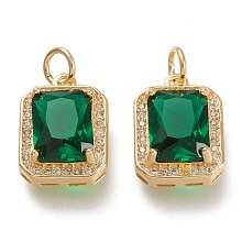 Honeyhandy Brass Glass Charms, with Micro Pave Clear Cubic Zirconia and Jump Ring, Rectangle, Real 18K Gold Plated, Green, 14.5x10.5x5mm, Hole: 3.4mm