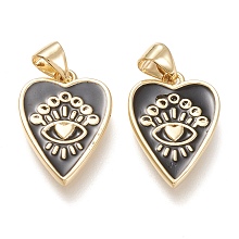 Honeyhandy Brass Enamel Pendants, Real 18K Gold Plated, Heart with Eye, Black, 18.5x12.5x1.6mm, Hole: 3.5x5mm