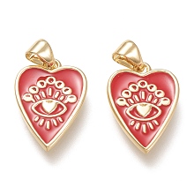 Honeyhandy Brass Enamel Pendants, Real 18K Gold Plated, Heart with Eye, Red, 18.5x12.5x1.6mm, Hole: 3.5x5mm