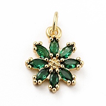 Honeyhandy Rack Plating Brass Micro Pave Cubic Zirconia Charms, Long-Lasting Plated, Lead Free & Cadmium Free, Real 18K Gold Plated, Flower, Dark Green, 14.5x12x3mm, Hole: 3mm