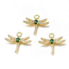 Honeyhandy Brass Micro Pave Cubic Zirconia Pendants, Long-Lasting Plated, Dragonfly Shape, Real 18k Gold Plated, Green, 18.5x21.5x3.5mm, Hole: 2.5mm