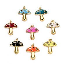 Honeyhandy Autumn Theme Real 18K Gold Plated Brass Micro Pave Cubic Zirconia Pendants, with Enamel and Jump Rings, Long-Lasting Plated, Mushroom, Mixed Color, 28x25x3.5mm, Jump Ring: 5x1mm, 3mm Inner Diameter