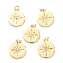 Honeyhandy Brass Micro Pave Clear Cubic Zirconia Pendants, Long-Lasting Plated, Flat Round with Star, Real 18K Gold Plated, 16x14x1mm, Hole: 3mm