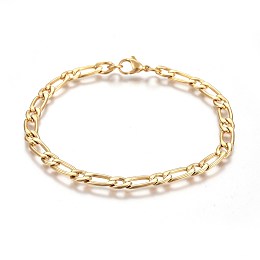 Honeyhandy Ion Plating(IP) 304 Stainless Steel Figaro Chain Bracelets, with Lobster Claw Clasps, Golden, 8-1/4 inch(21cm), 5mm