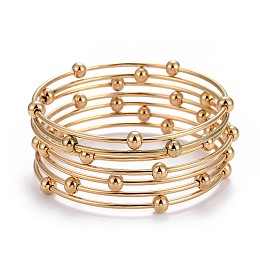 Honeyhandy Fashion 304 Stainless Steel Bangle Sets, with Round Beads, Golden, 2-1/2 inch(6.3cm), 7pcs/set