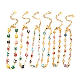 304 Stainless Steel Link Chain Bracelets, with Enamel and Glitter Powder, Mixed Shapes, Colorful, Golden, 7-1/2~8-1/8 inch(19.2~20.7cm)