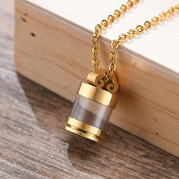 Honeyhandy Openable Stainless Steel Memorial Urn Ashes Pendants, with Glass, Column, Golden, 22x13mm