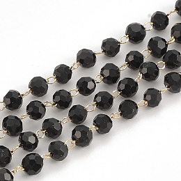 Honeyhandy Handmade Glass Beaded Chains, Soldered, with Brass Findings, Faceted, Round, Black, Real 18K Gold Plated, 3mm