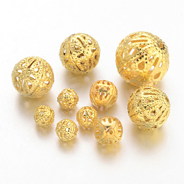 Honeyhandy Iron Filigree Beads, Filigree Ball, Round, Golden Color, Size: about 6~16mm in diameter, 6~15mm thick, hole: 1~6mm, about 200g/bag